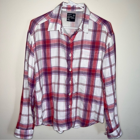 American Eagle Boyfriend Fit Pink and Purple Flannel Size Medium - Picture 5 of 5